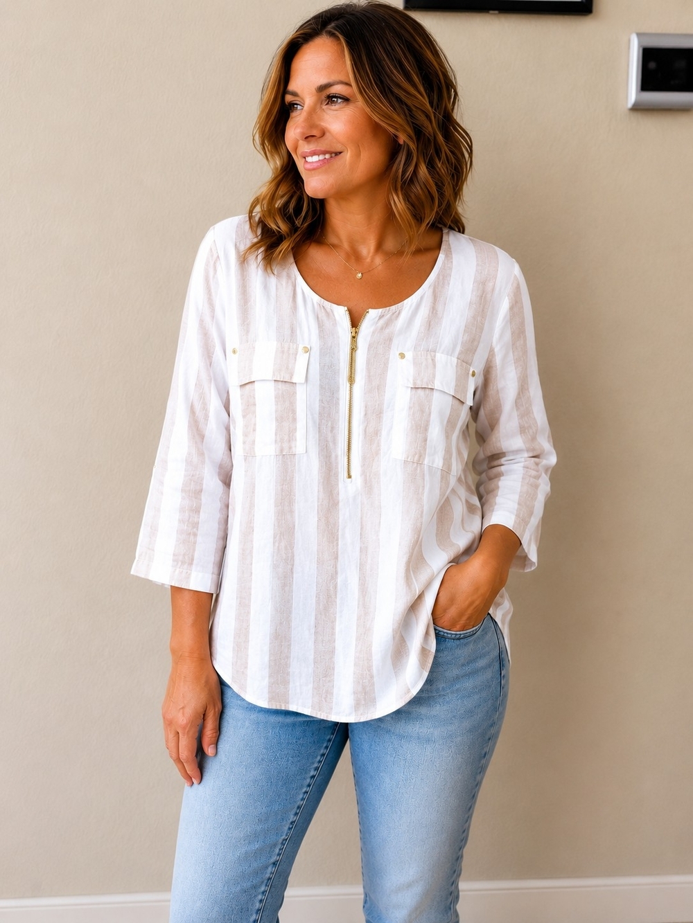 Ellen Tracy White Beige Striped Linen Blend Zip Front Roll Tab Blouse